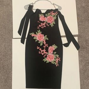 Va Va Voom Strapless Black Dress with Pink Floral Design